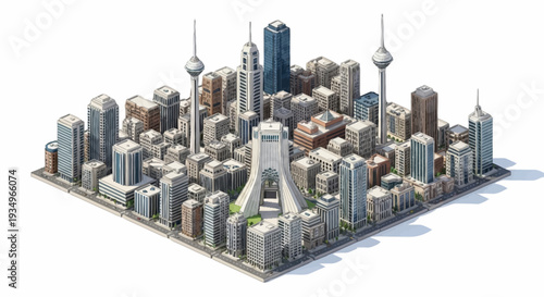 3D rendering of a futuristic cityscape with sleek skyscrapers and modern architecture.
