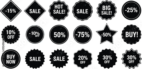 Black Grunge Sale Badge Set with Discount Percentages, Retro Style Price Tags, and Promotional Offer Labels Vector Illustration.