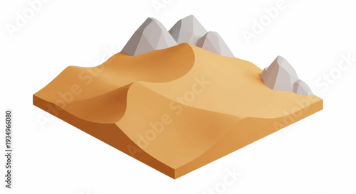 3D rendered sandy terrain with rocky peaks.