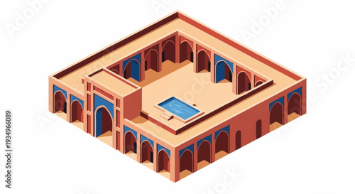 Isometric illustration of a traditional Middle Eastern courtyard house with arches and a central pool.