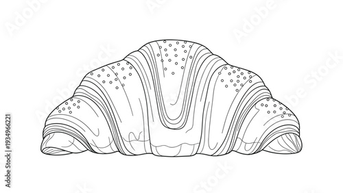Detailed black and white line art illustration of a flaky puff pastry croissant with visible layers and a light dusting of seeds.
