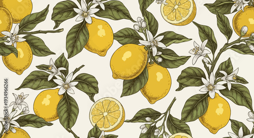 Vintage lemon pattern with lemons and leaves on a cream background.