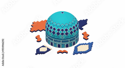 Dome of the Rock mosque illustration with prayer rugs.