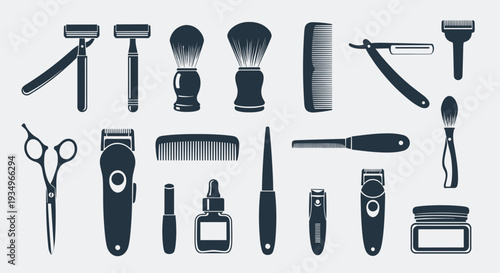 Collection of various barber tools and equipment for grooming and haircutting, Generative AI.