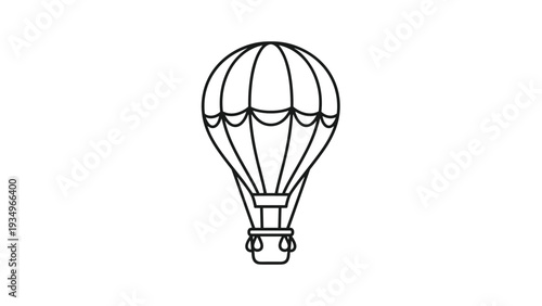 Charming black and white line art of a classic hot air balloon with a striped canopy and a small basket hanging below.