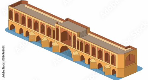 3D rendering of an ancient bridge with arches and columns.