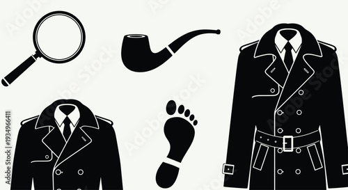 Black and white silhouette of detective items including coat pipe magnifying glass and footprints on gray background, Generative AI.
