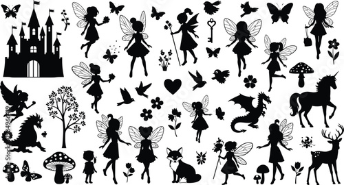 Fantasy silhouette illustration, magical fairy artwork, enchanted forest motif, mythical creature design, unicorn dragon sketch, whimsical castle pattern, mystical nature inspired drawing