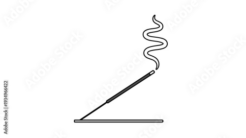 Minimalist black and white line drawing of a single burning incense stick with a wisp of rising aromatic smoke.
