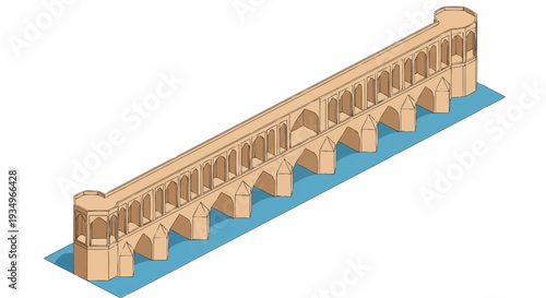 3D rendering of an ancient stone bridge with arches over water.