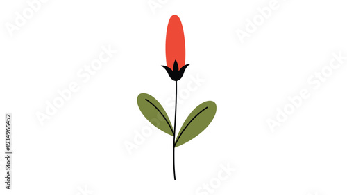 Minimalist botanical illustration of a single unopened red flower bud on a thin green stem with two small leaves.