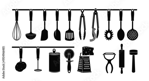 Collection of kitchen utensils and tools hanging on a rack, Generative AI.