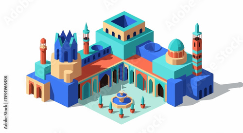 Isometric illustration of a mosque with vibrant colors and intricate details.