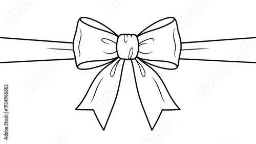 Elegant hand-drawn ribbon bow with flowing ends shown in a clean black and white line art style for decoration.