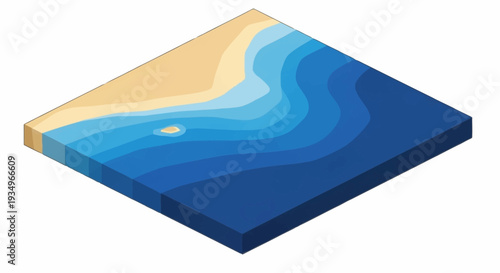 3D topographic map illustration with layered blue ocean and sandy beach.