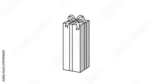 Tall and narrow gift box wrapped with a delicate bow on top depicted in a clean black and white line art illustration.