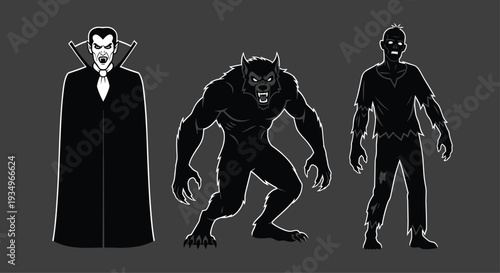 Black silhouettes of vampire werewolf and zombie monsters on dark gray background, Generative AI.