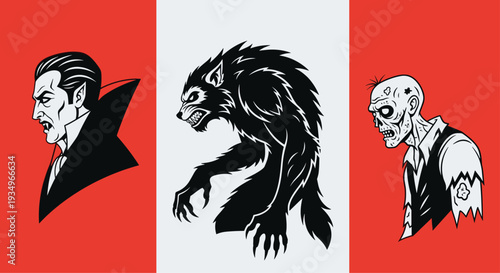 A graphic illustration of a vampire werewolf and zombie in a row on colored backgrounds, Generative AI.