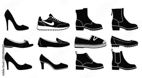 Collection of various black shoes and boots for fashion and design, Generative AI.