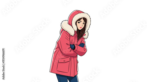 Young woman wearing a warm red winter parka with a fur-lined hood standing with her arms crossed to keep warm.