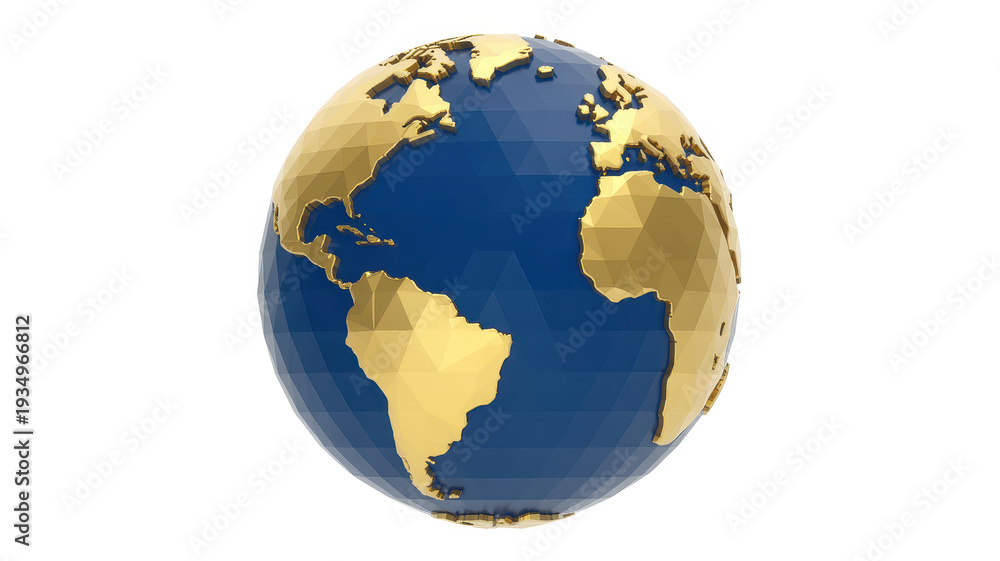 Fototapeta premium Low poly globe with blue oceans and gold continents from another angle