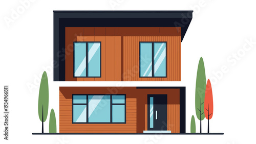 Modern two-story house with wood siding large glass windows and decorative trees around the entrance area in flat style.