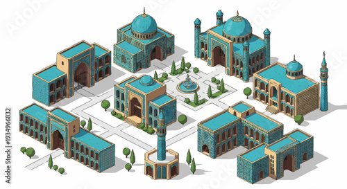 Isometric illustration of a mosque complex with multiple buildings and gardens.