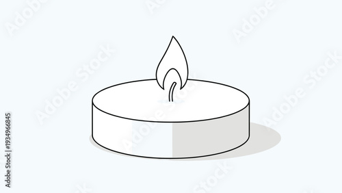 Small white tea light candle with a single flame depicted in a clean line art illustration style with shadows.