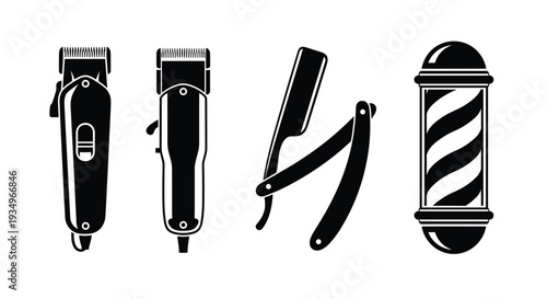 Black and white illustration of various barber tools including clippers and razors, Generative AI.