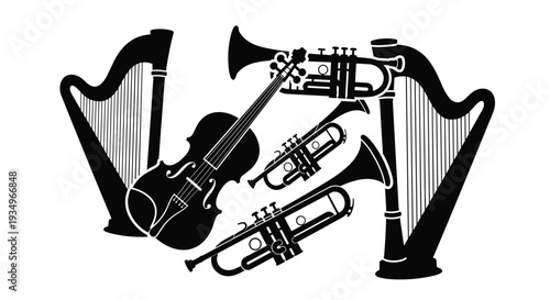 A black and white illustration of various musical instruments including a harp violin trumpet french horn and tuba, Generative AI.