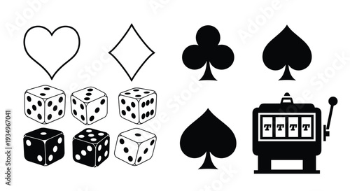 Black and white icons of casino symbols including hearts diamonds clubs spades dices and a slot machine on a pure, Generative AI.