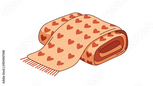 Rolled up peach-colored blanket or scarf decorated with small red hearts shown in a very cozy illustrative style.