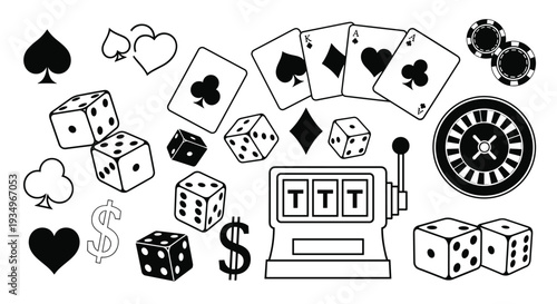 Black and white illustration of various casino and gambling icons including cards dice poker chips and a slot machine, Generative AI.
