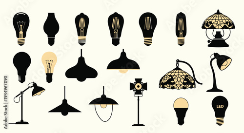 Collection of various light bulbs and lamps in black silhouette on beige background, Generative AI.