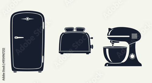 Vintage kitchen appliances including a refrigerator toaster and mixer on a neutral beige background, Generative AI.