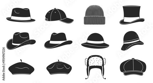 Collection of various black hats and caps for fashion and design use, Generative AI.
