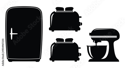 Black silhouettes of kitchen appliances including toasters and mixer, Generative AI.
