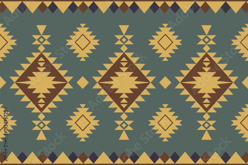 A southwestern patterned rug with a geometric design and muted colors