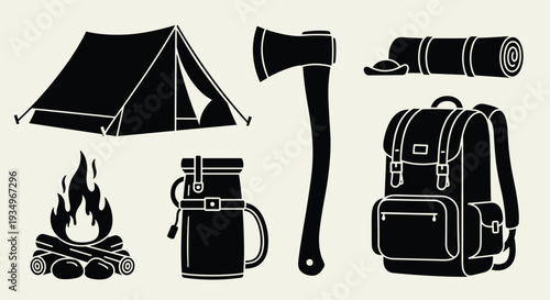 Camping gear icons including tent axe sleeping bag backpack campfire and thermos on a beige background, Generative AI.