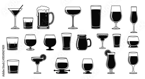 Collection of various alcoholic drink glasses and mugs in black silhouette, Generative AI.