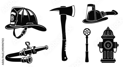 Black and white illustration of various firefighting tools and equipment, Generative AI.