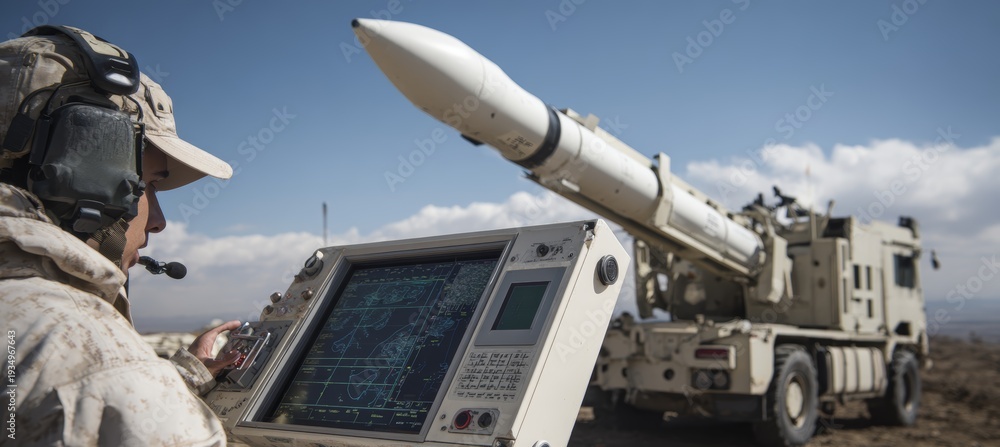 Fototapeta premium Missile aerial defense weapon. Generative AI technology. 