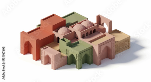 3D rendering of an architectural model with pastel colored buildings and arches.