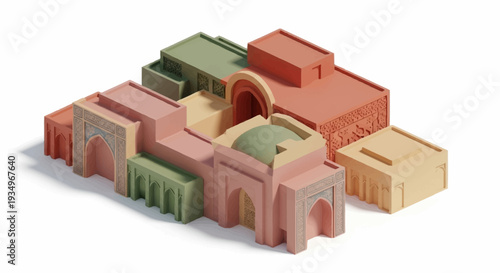 3D rendering of architectural building blocks with pastel colors and varied designs.