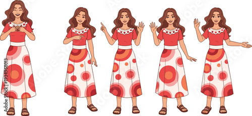 Smiling woman gesturing and presenting ideas, friendly lifestyle character illustration isolated on white background design