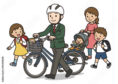 歩行者優先で自転車を押して歩く男子学生のイラスト（交通安全・通学路）