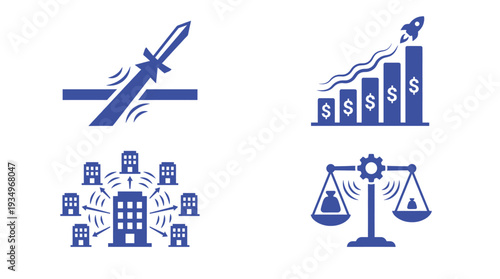 Professional blue icons illustrating sharp sword breakthrough rocket launch startups office building networks and weighted mechanical gear balance for business stability