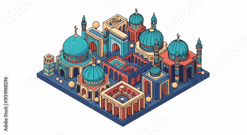 Isometric illustration of a mosque complex with multiple domes and minarets.