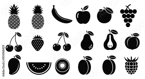 Collection of various fruit icons in black silhouette white background, Generative AI.