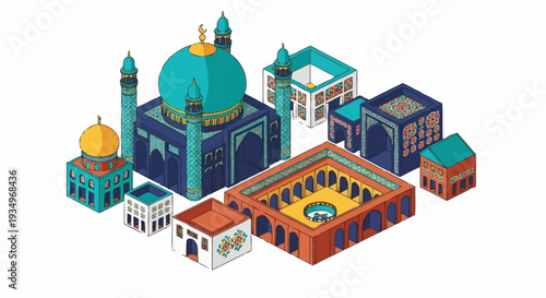 Isometric illustration of mosque architecture and buildings.